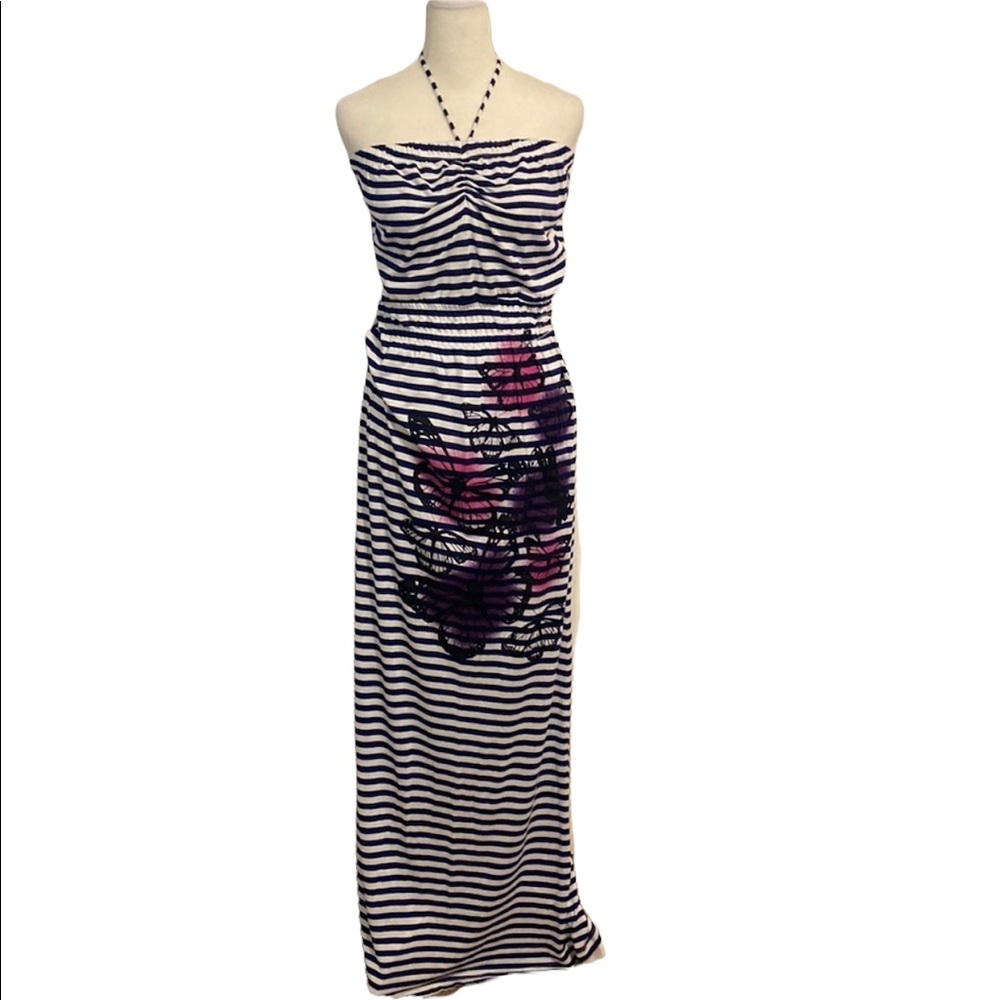 Boho stripe jersey knit halter tie maxi dress